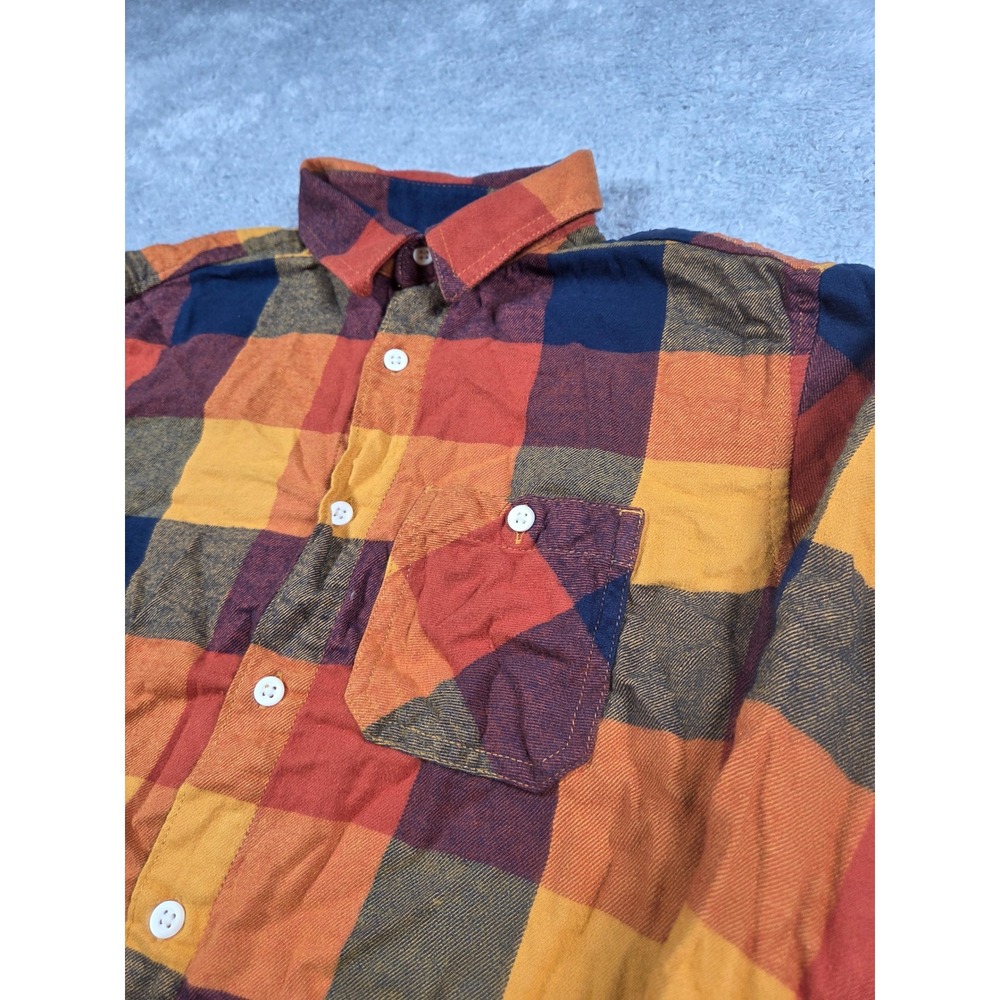 Country Kids Plaid Flannel Button Down Shirt Orange Navy Blue Yellow Long Sleeve